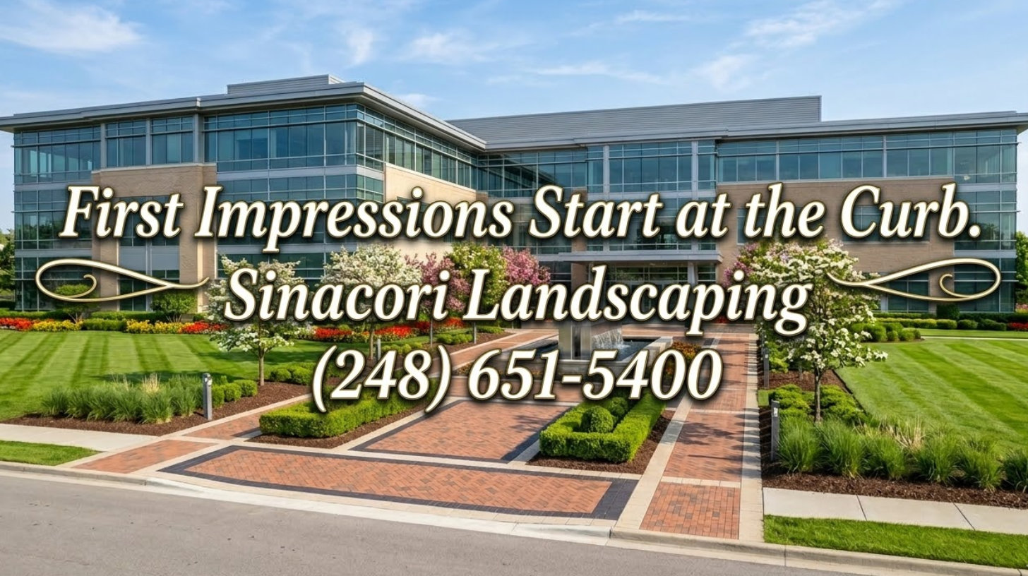 Professional commercial landscape design featuring a decorative paver entrance plaza, seasonal color beds, ornamental shrubs, and a fountain focal point for a corporate office building in Troy, Michigan by Sinacori Landscaping