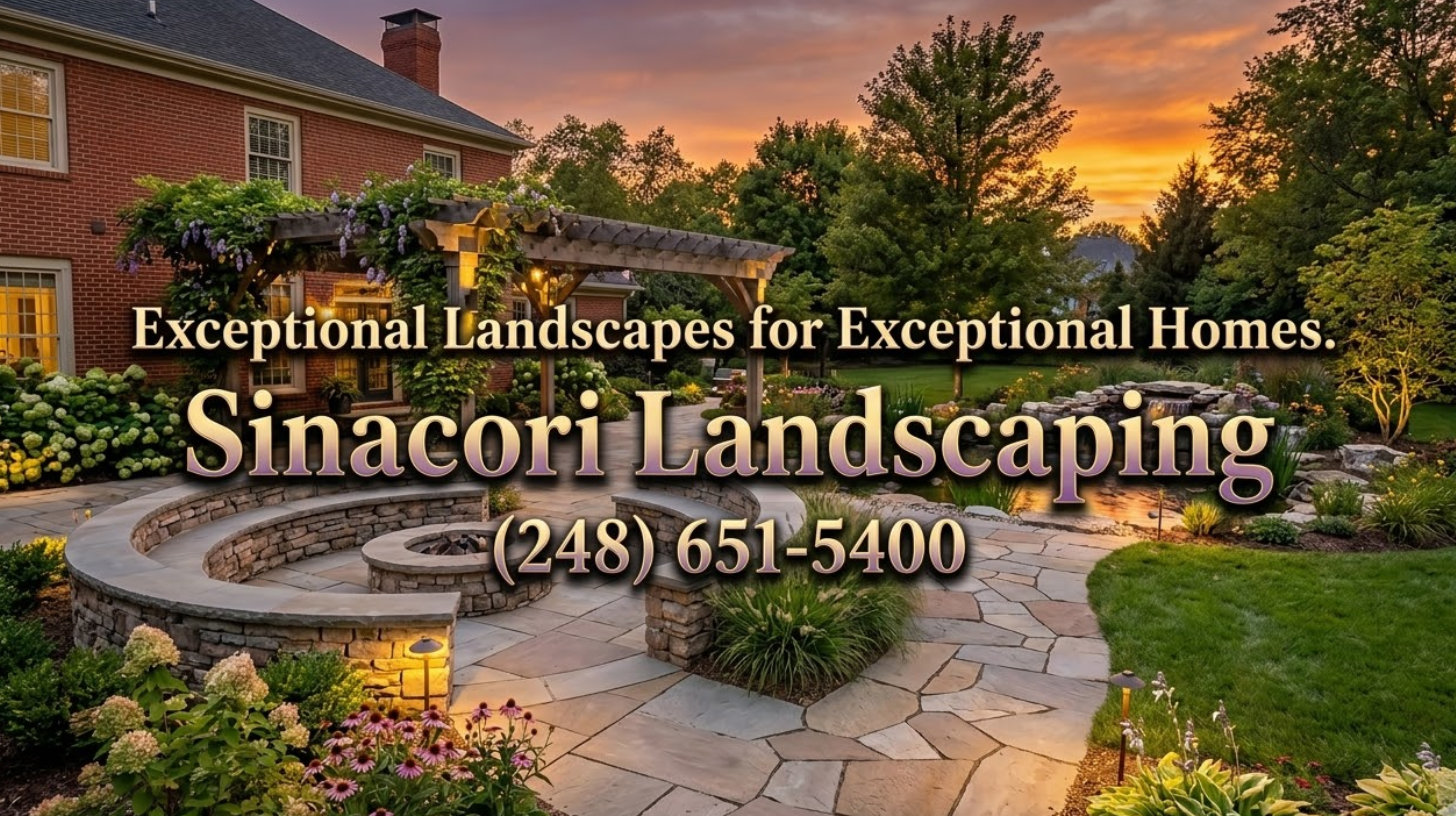 Custom hardscape design featuring a multi-level natural stone patio, built-in fire pit, pergola, and pond with rock waterfall for an upscale Metro Detroit home by Sinacori Landscaping