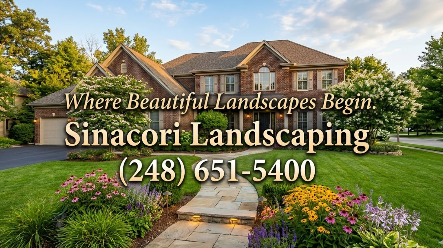 Professional landscape design featuring a stone walkway, native flower beds, and manicured lawn for an upscale home in Shelby Township, Michigan by Sinacori Landscaping