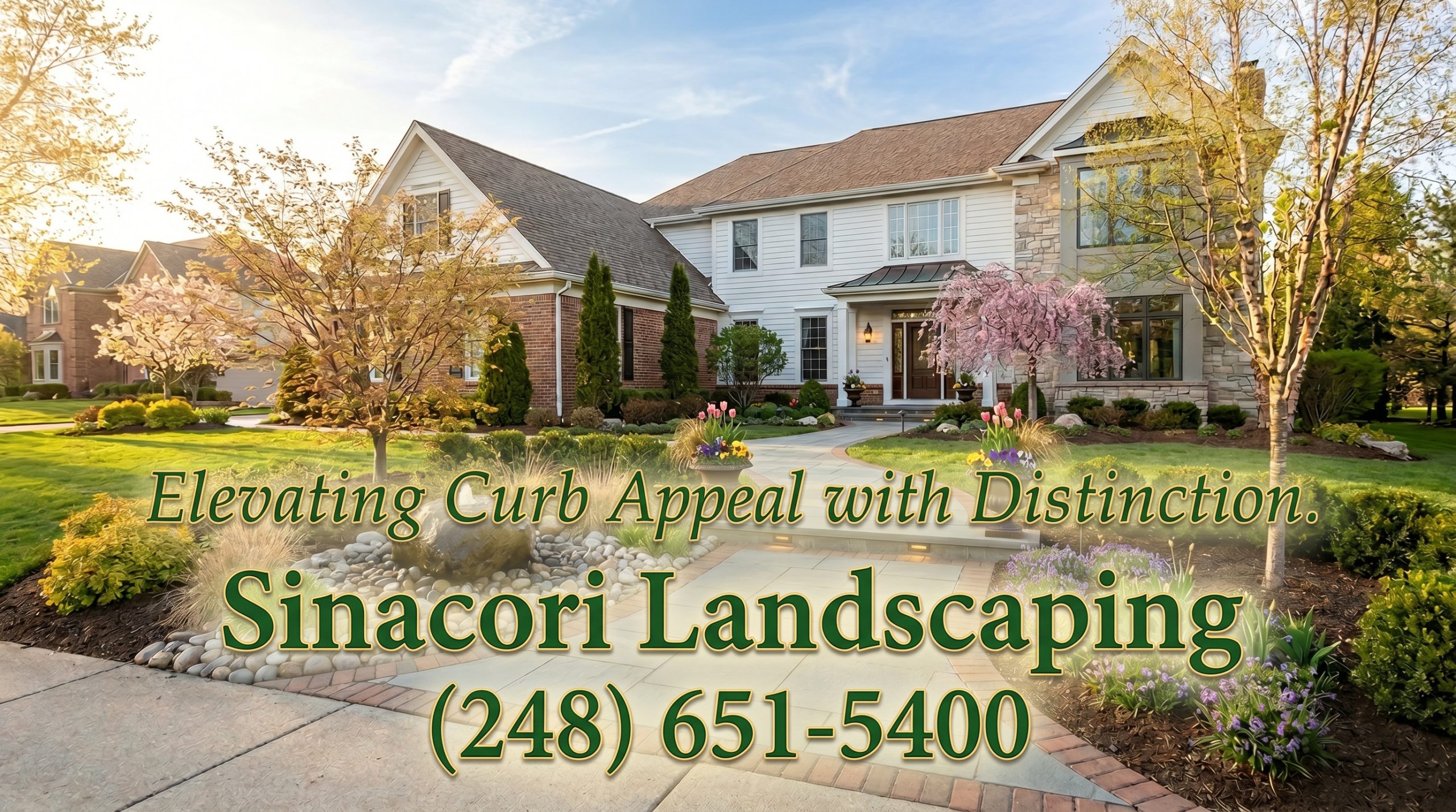 A high-end suburban front yard landscape design by Sinacori Landscaping featuring a curved bluestone walkway with paver borders, stone-tiered retaining walls, a decorative water feature fountain, and blooming spring cherry trees and tulips under golden hour sunlight.