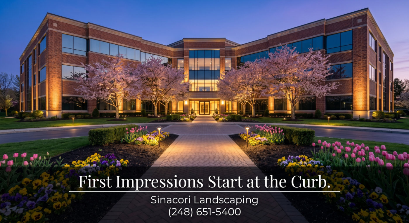 Professional spring commercial landscaping at dusk featuring illuminated paver walkway, spring flower beds, cherry trees in bloom, and landscape lighting at a Metro Detroit office building by Sinacori Landscaping